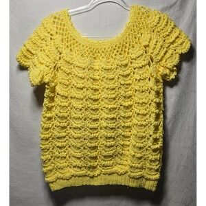 Vintage Hand Crochet Yellow Ruffle Sleeve Top Short Sleeve Boho Festival
